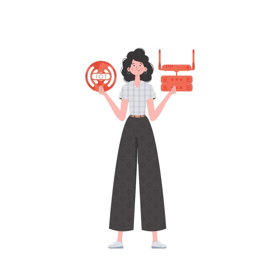 A woman holds the internet of things logo in her hands. Router and server. Internet of things and automation concept. Isolated. Trendy flat style. illustration. vector