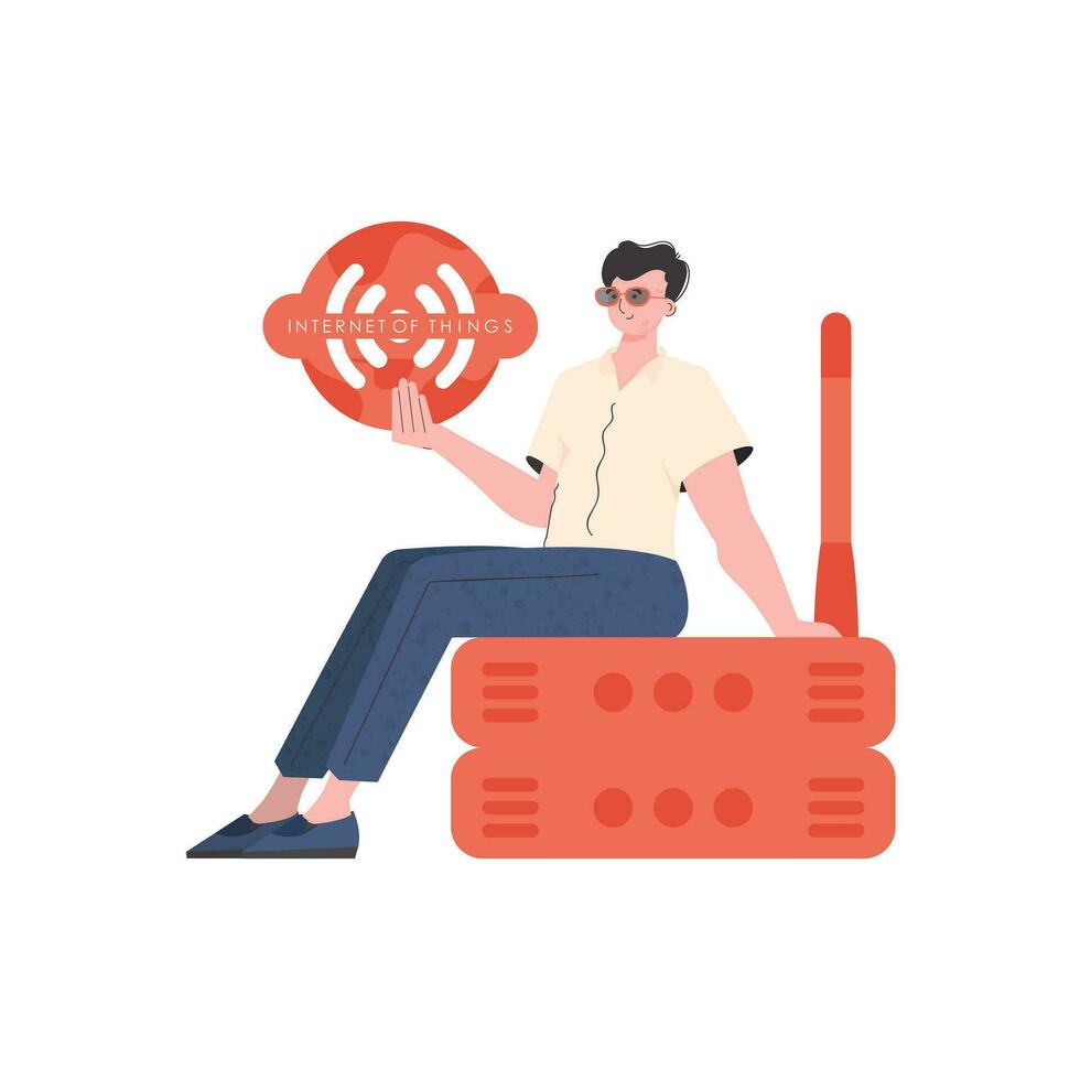 A man holds an internet thing icon in his hands. Router and server. IOT and automation concept. Isolated. Trendy flat style. Vector. vector