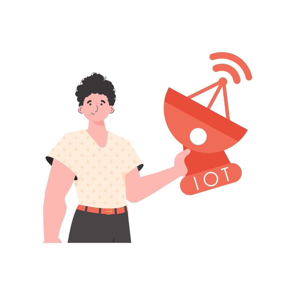 Internet of things concept. The guy is holding a satellite dish in his hands. Isolated on white background. Vector illustration in flat style.