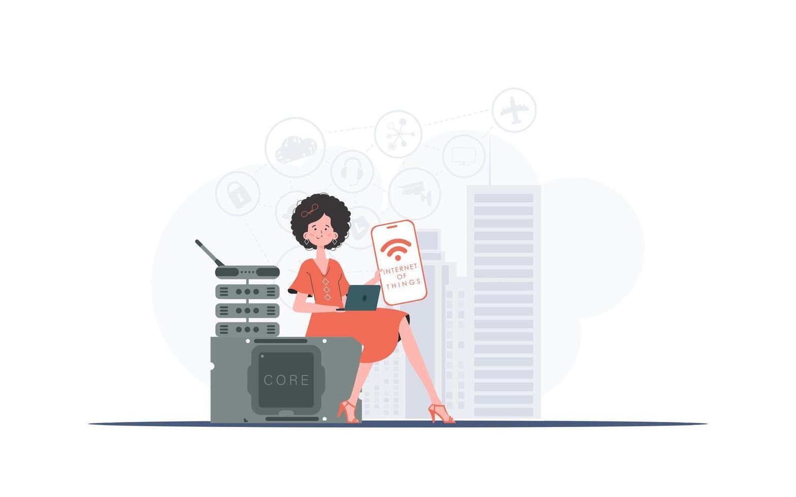 Internet of things concept. A woman holds a phone with the IoT logo in her hands. . vector