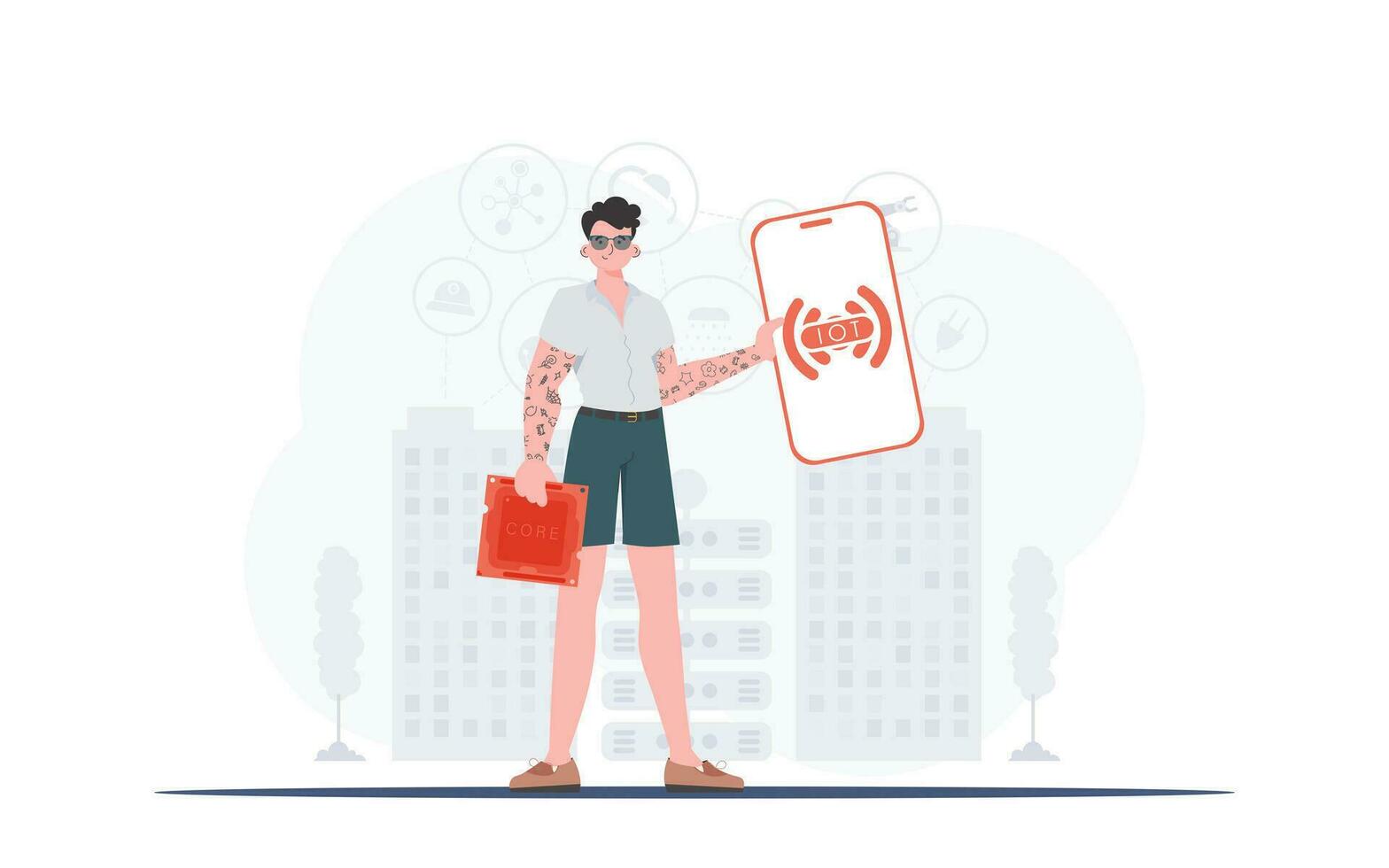 iot concepto. un hombre sostiene un teléfono con el iot logo en su manos. de moda plano estilo. vector ilustración.