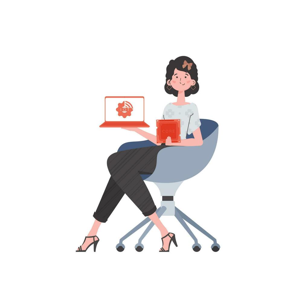 A woman holds a laptop and a processor chip in her hands. Internet of things and automation concept. Isolated. Vector illustration in flat style.