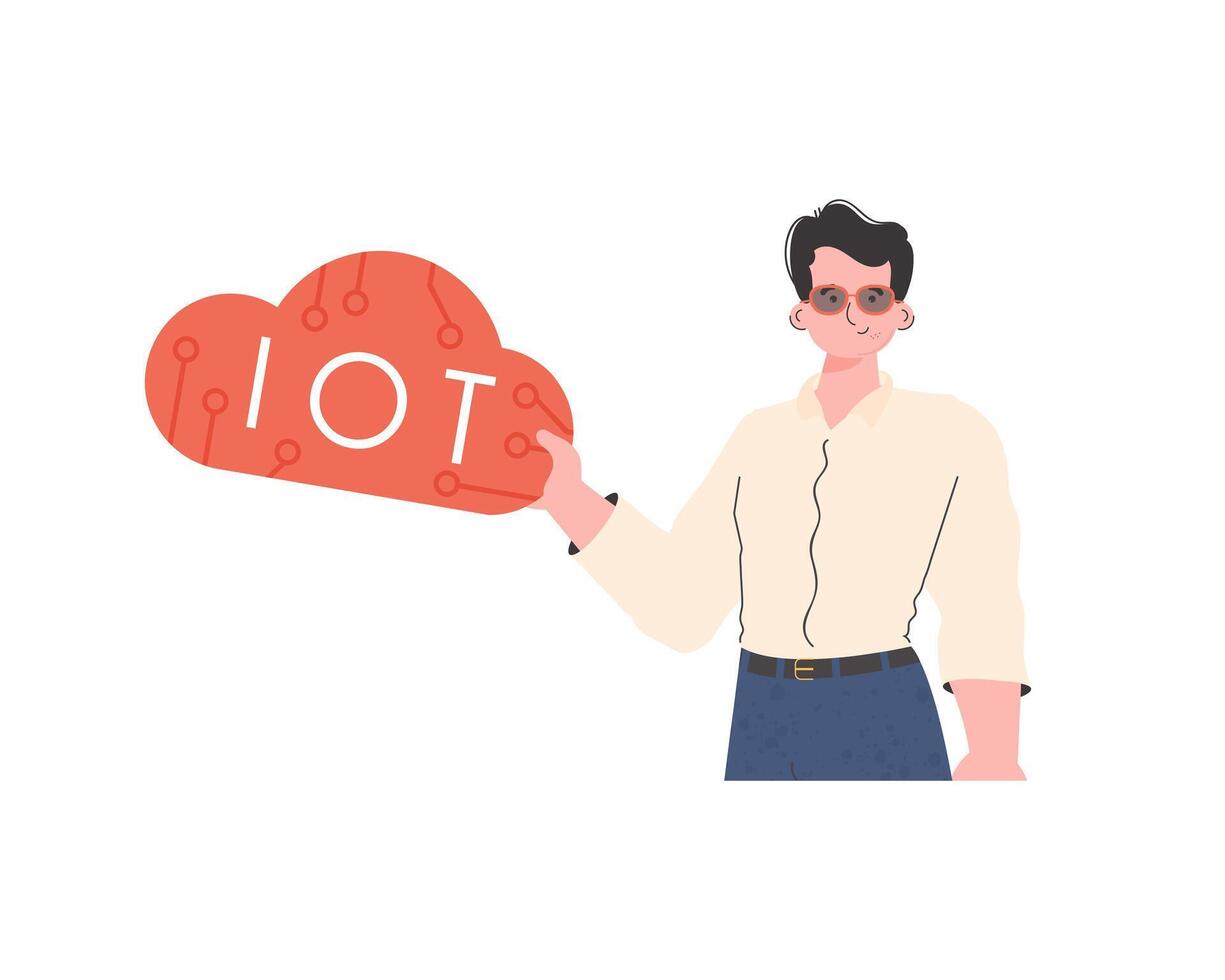 A man is holding an IoT icon in his hands. Internet of things and automation concept. Isolated. Vector illustration in trendy flat style.