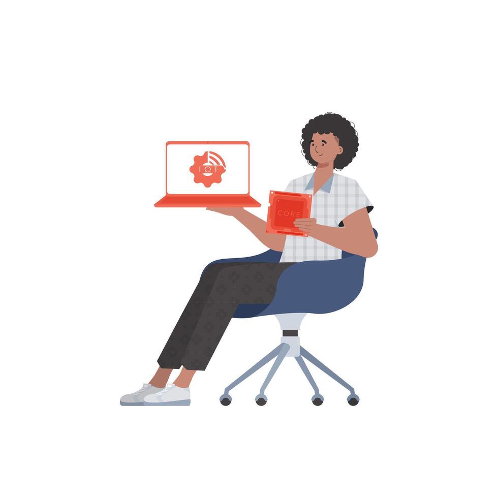 A man holds a laptop and a processor chip in his hands. Internet of things and automation concept. Isolated. Vector illustration in trendy flat style.