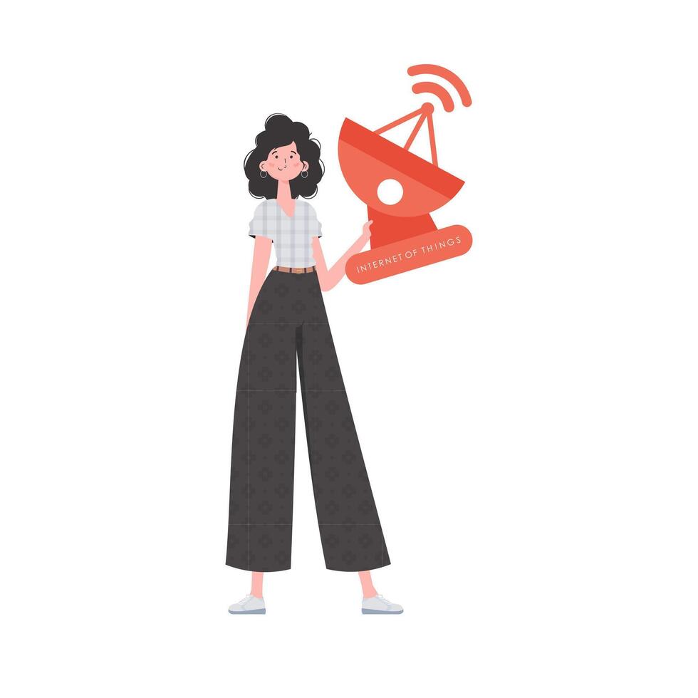 Internet of things and automation concept. A woman holds a satellite dish in her hands. Isolated on white background. Vector illustration in flat style.