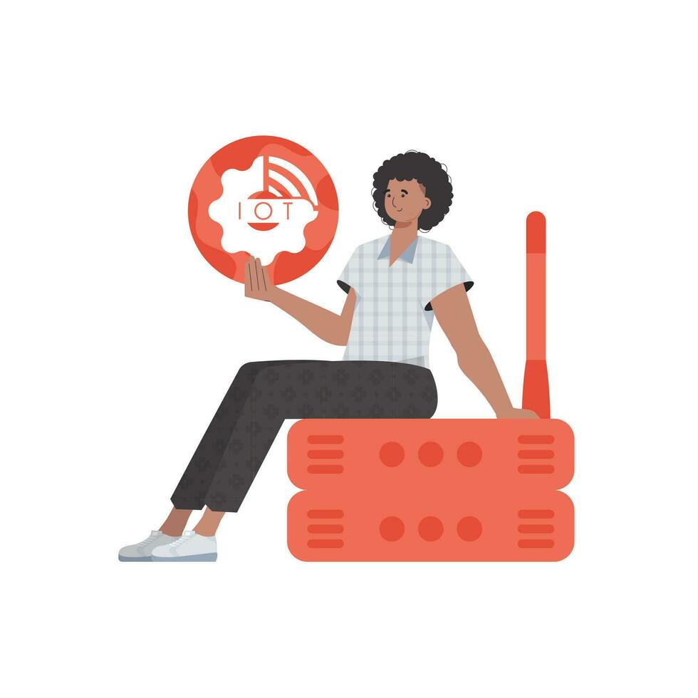 A man holds an internet thing icon in his hands. Router and server. Internet of things and automation concept. Isolated. Trendy flat style. Vector. vector