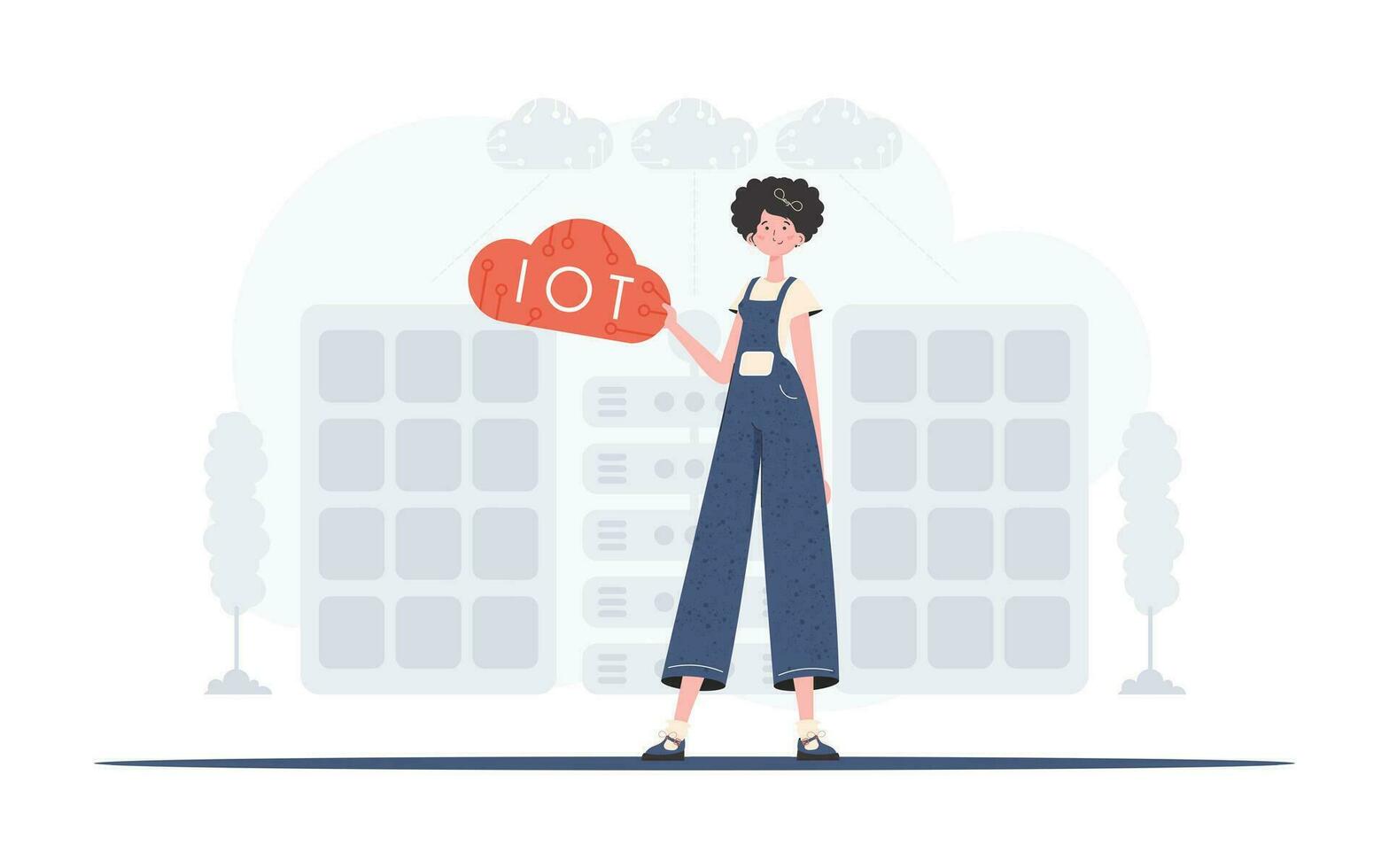 A woman is holding an internet thing icon in her hands. IoT concept. Good for websites and presentations. Vector illustration in flat style.