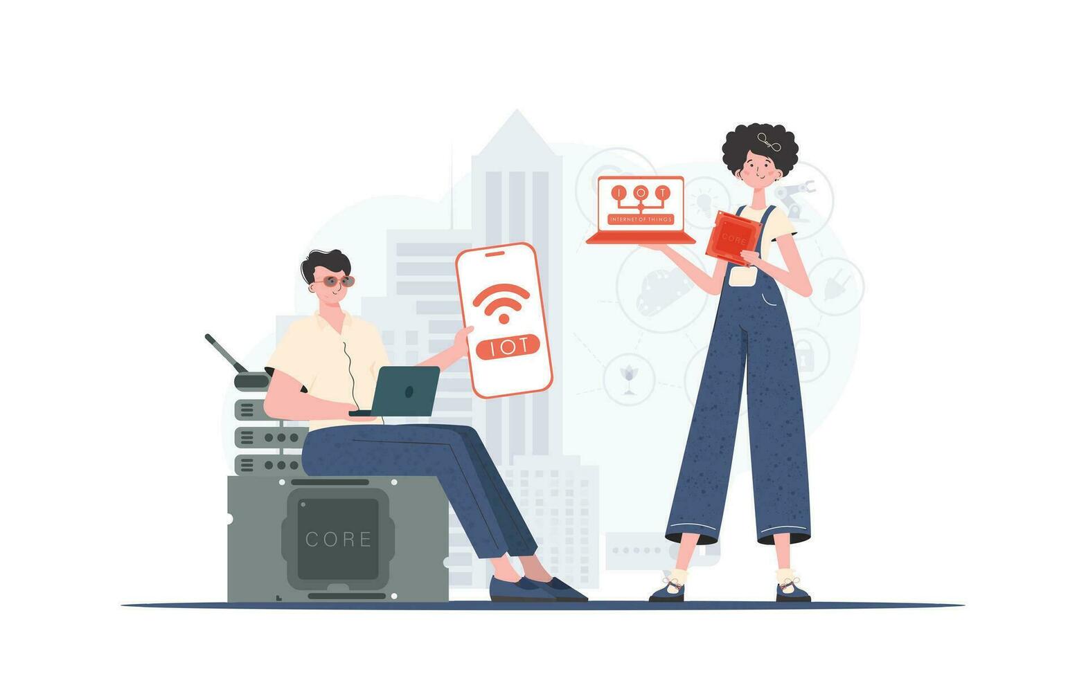 IoT concept. The girl and the guy are a team in the field of Internet of things. Good for presentations and websites. illustration in trendy flat style. vector