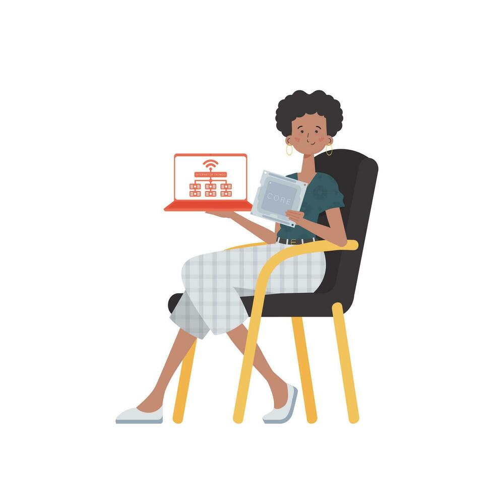 A woman holds a laptop and a processor chip in her hands. Internet of things and automation concept. Isolated. Vector. vector