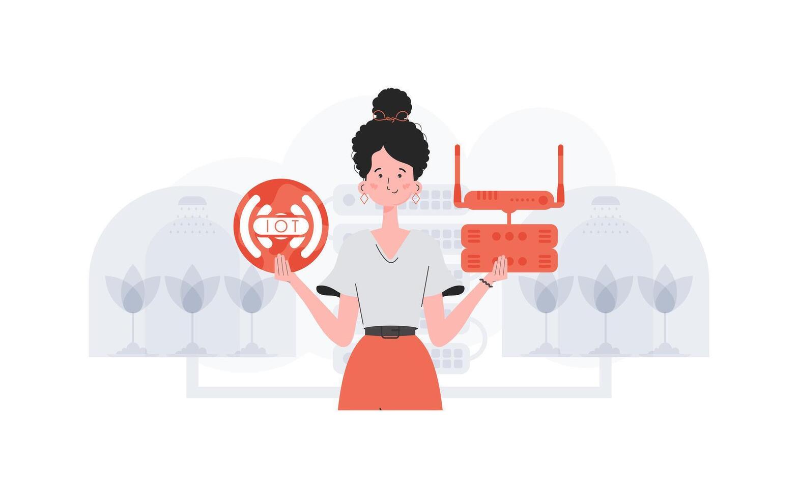IoT concept. A woman is holding an internet thing icon in her hands. Router and server. Good for presentations and websites. Vector illustration in trendy flat style.