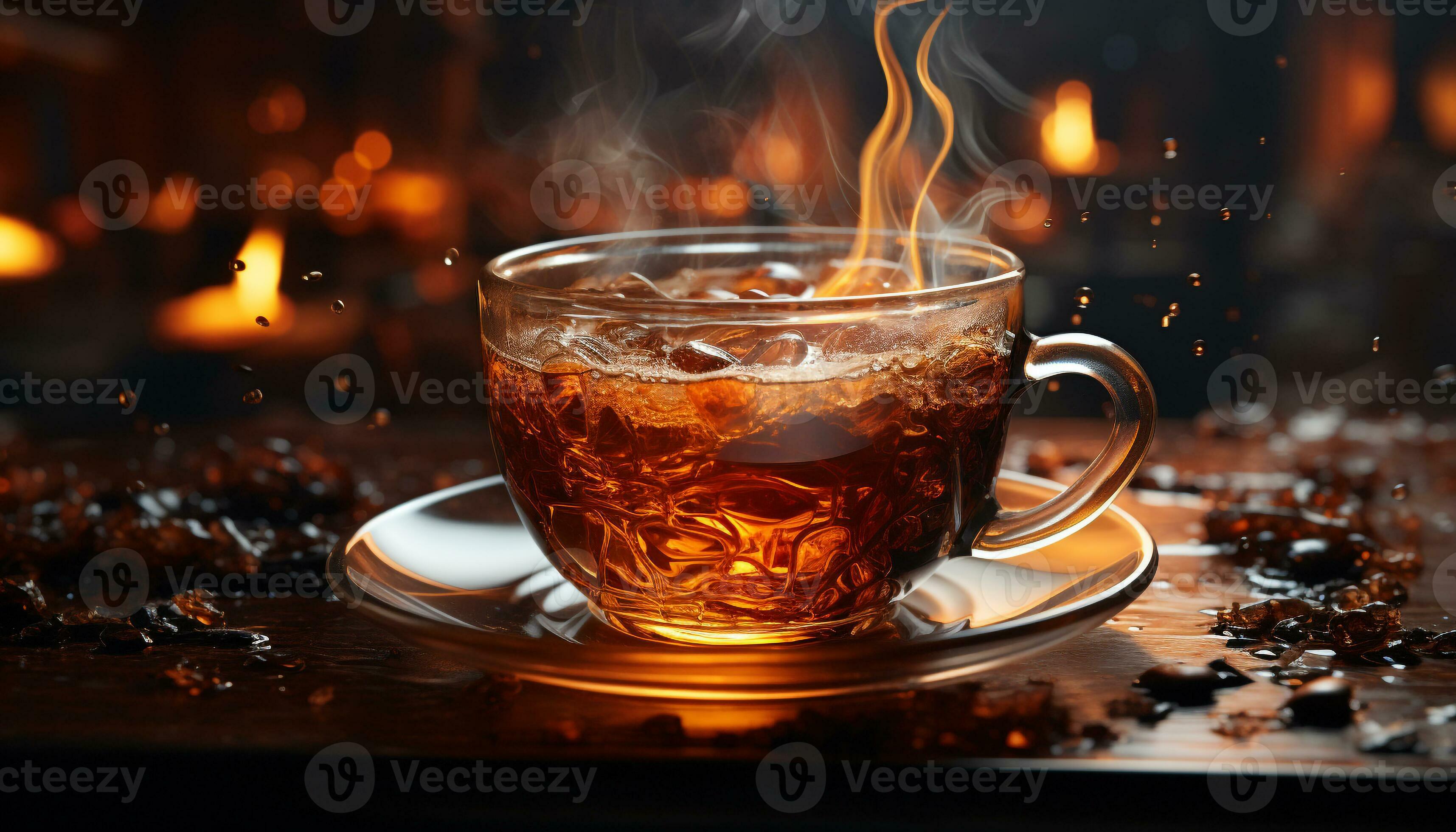 Hot coffee on wooden table, steam rises in the night generated by AI