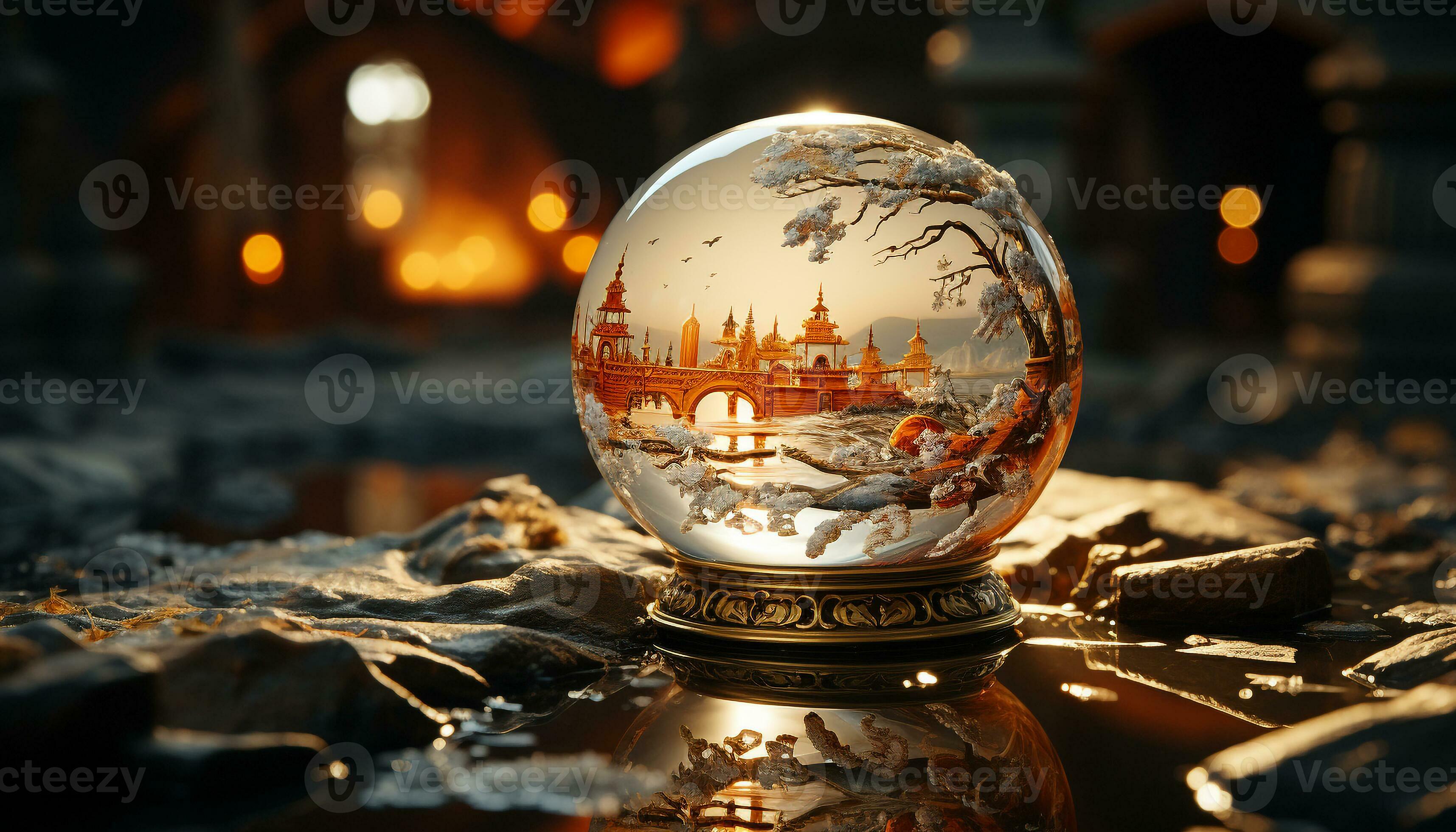 Nightfall illuminates old architecture, glowing lanterns, and