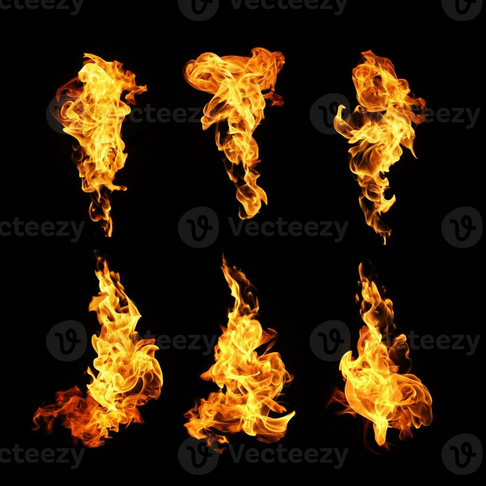 Fire flames collection isolated on black background photo