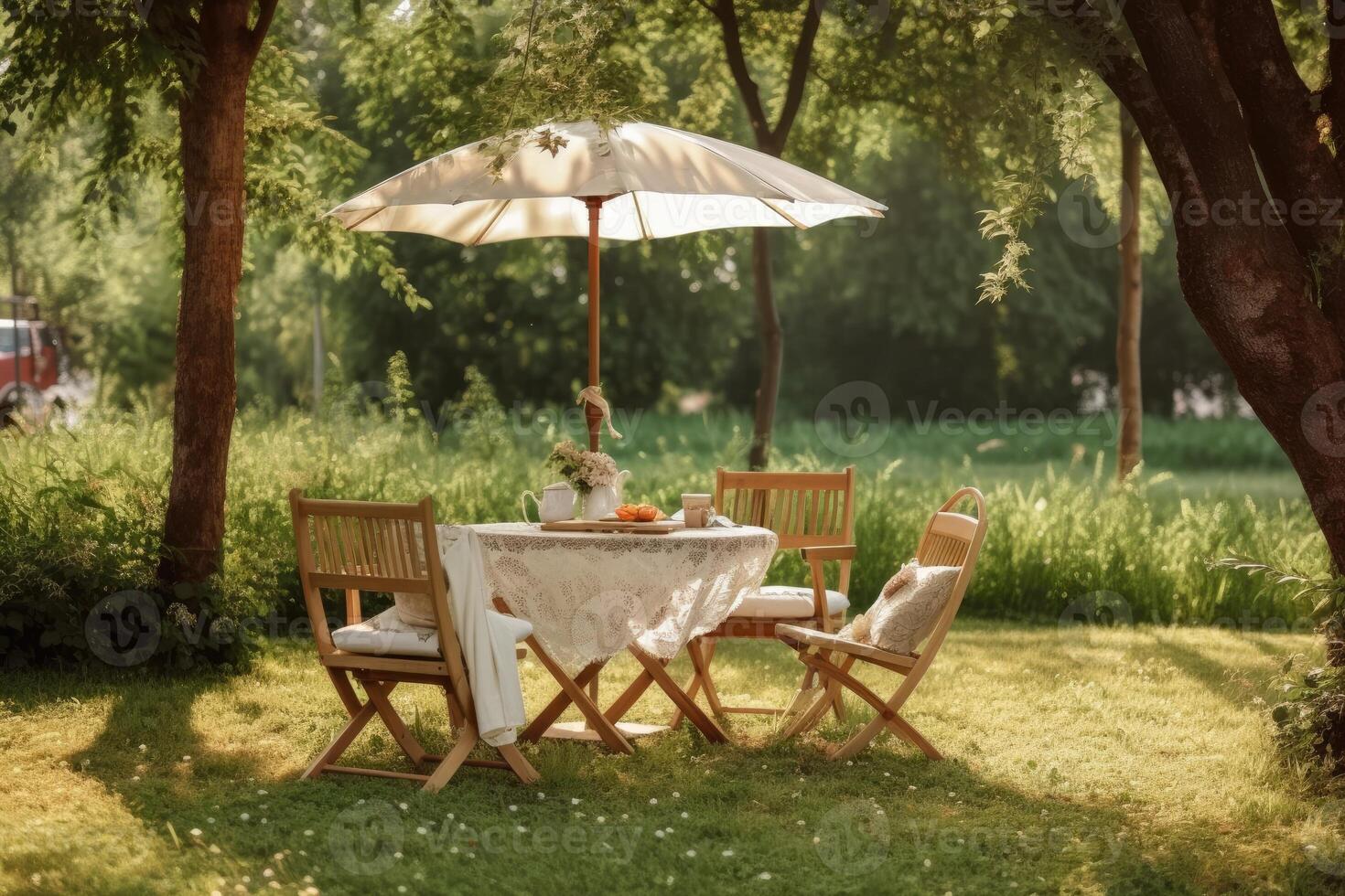 Cafe table with chair and parasol umbrella in the garden. Generative AI photo