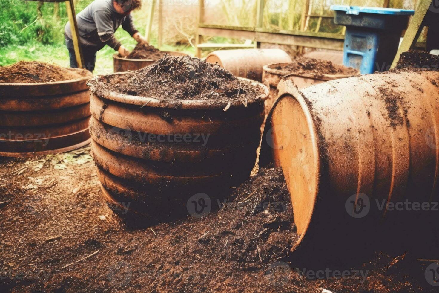 Old garden compost bin for organic material. Generative AI photo