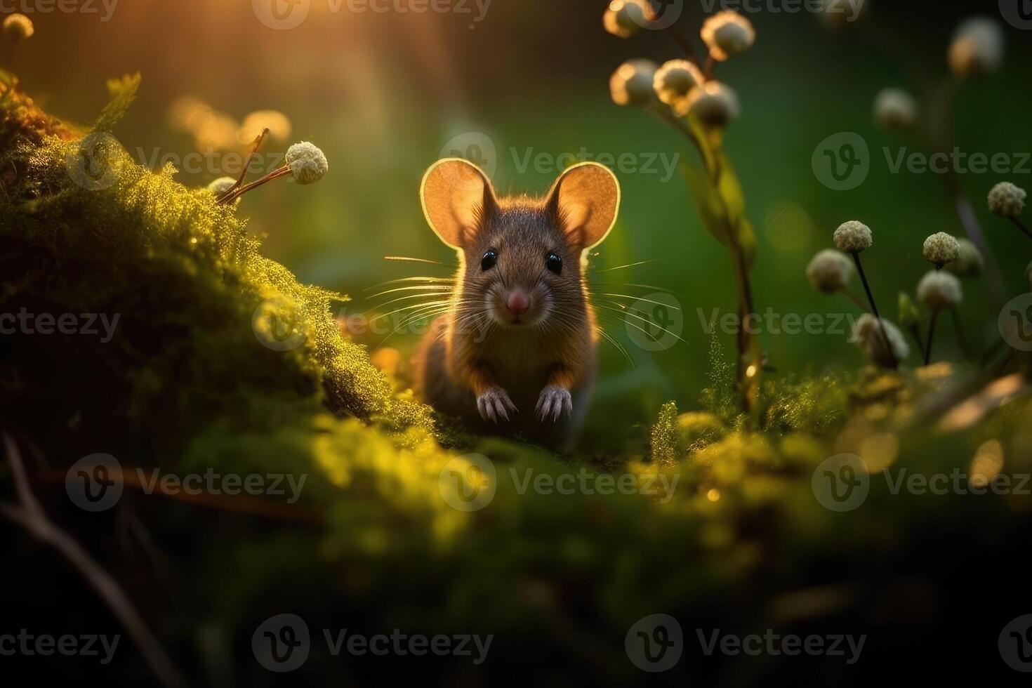 Wild mouse resting on the forest floor with lush green vegetation. Generative AI photo