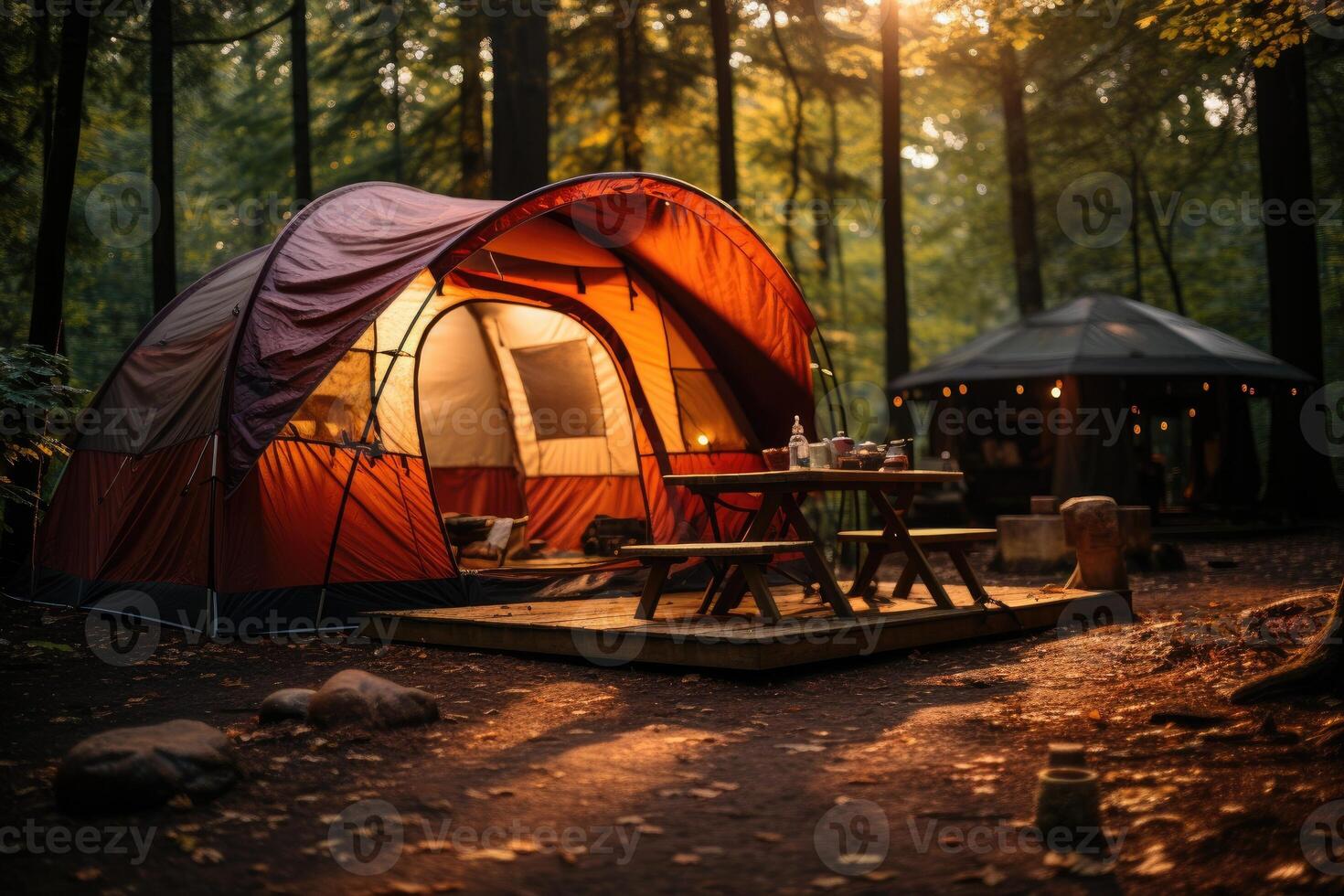 Camping picnic tent campground in outdoor hiking forest. Generative AI photo