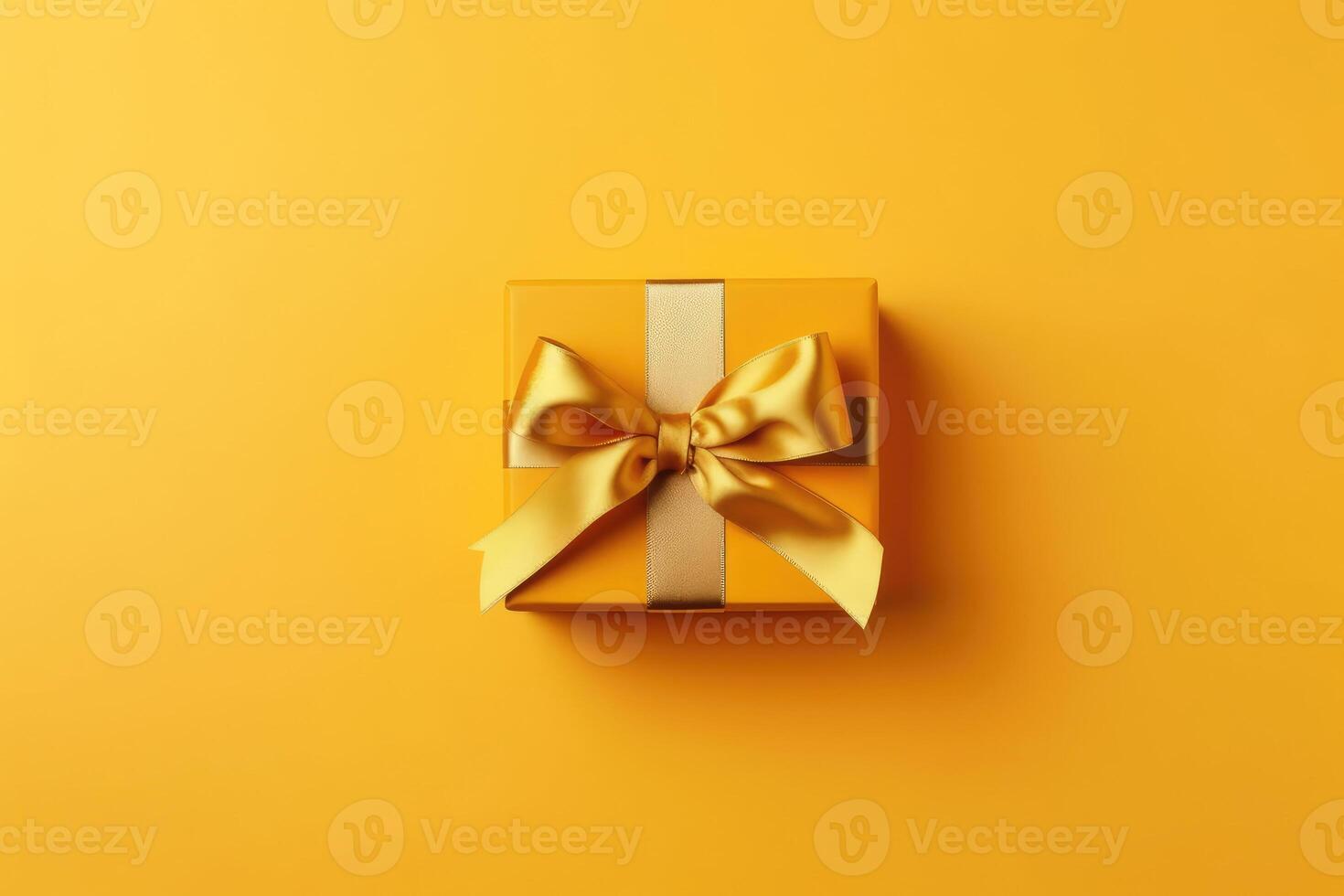 Bright yellow gift present box with ribbon on yellow background. Generative AI photo