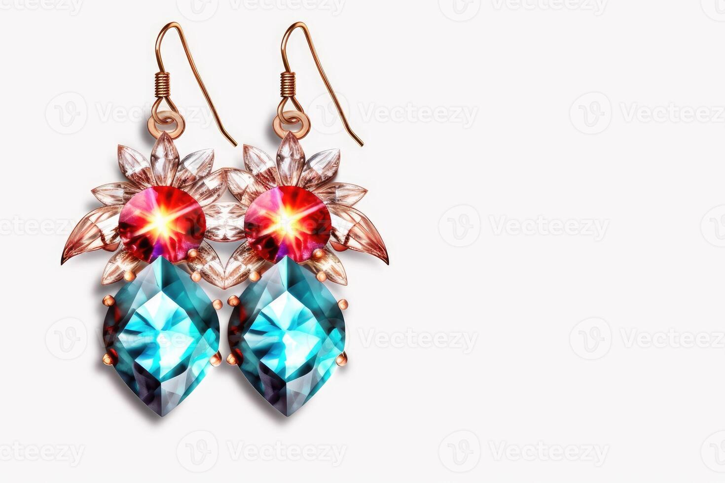Drop earrings with colored crystals on white background. photo