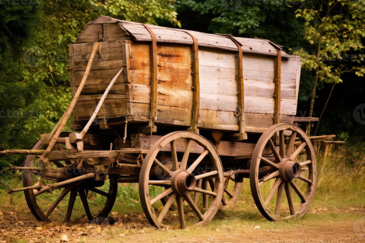 Old wooden rural wagon. Generative AI photo