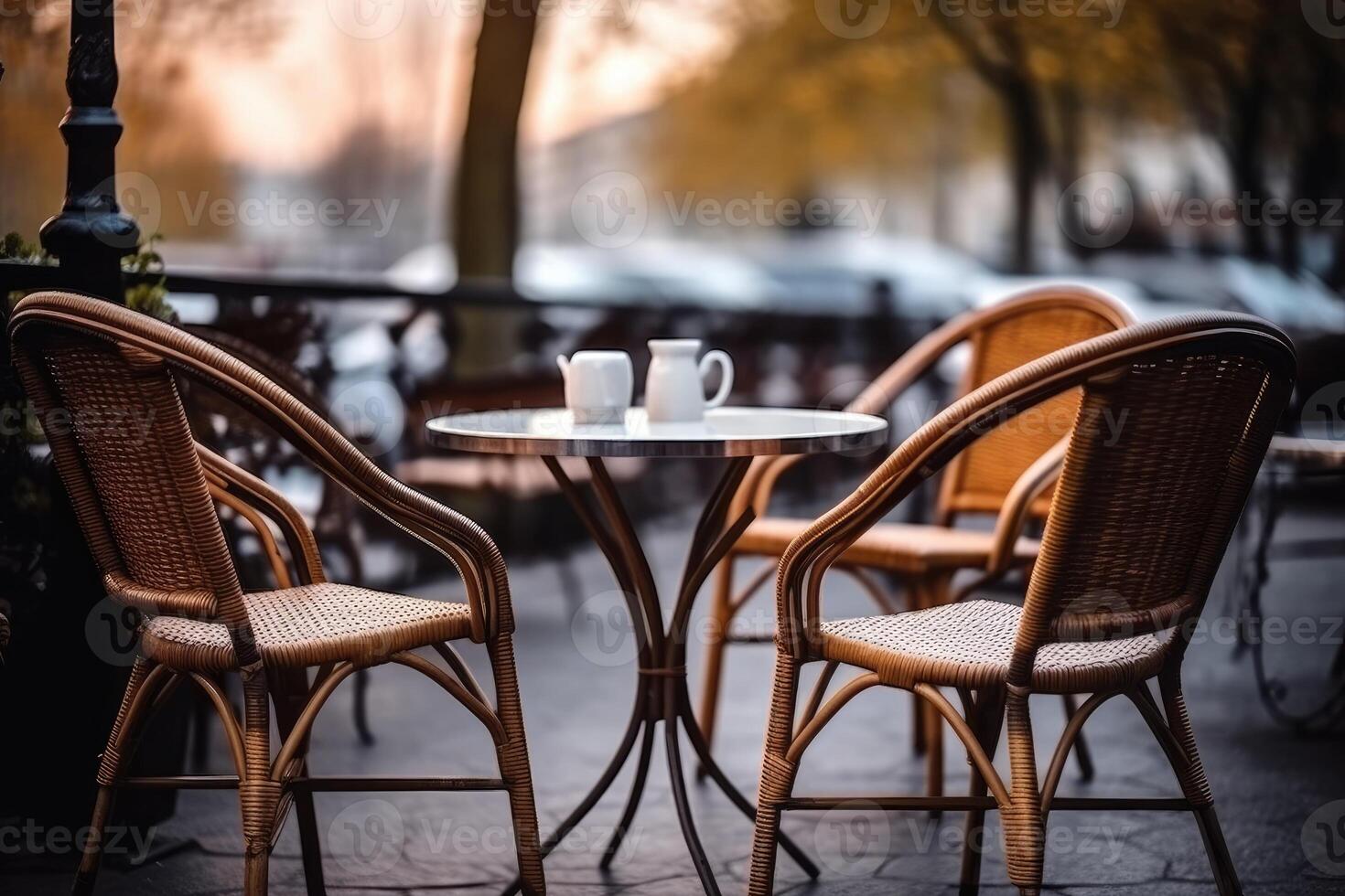 mimbre sillas y un metal mesa en un al aire libre verano cafetería. generativo ai foto