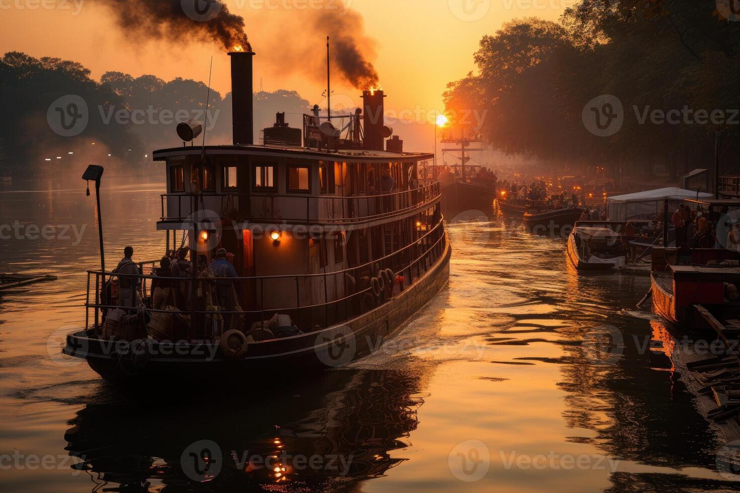 Old steamboat with smoke in river. Generative AI photo