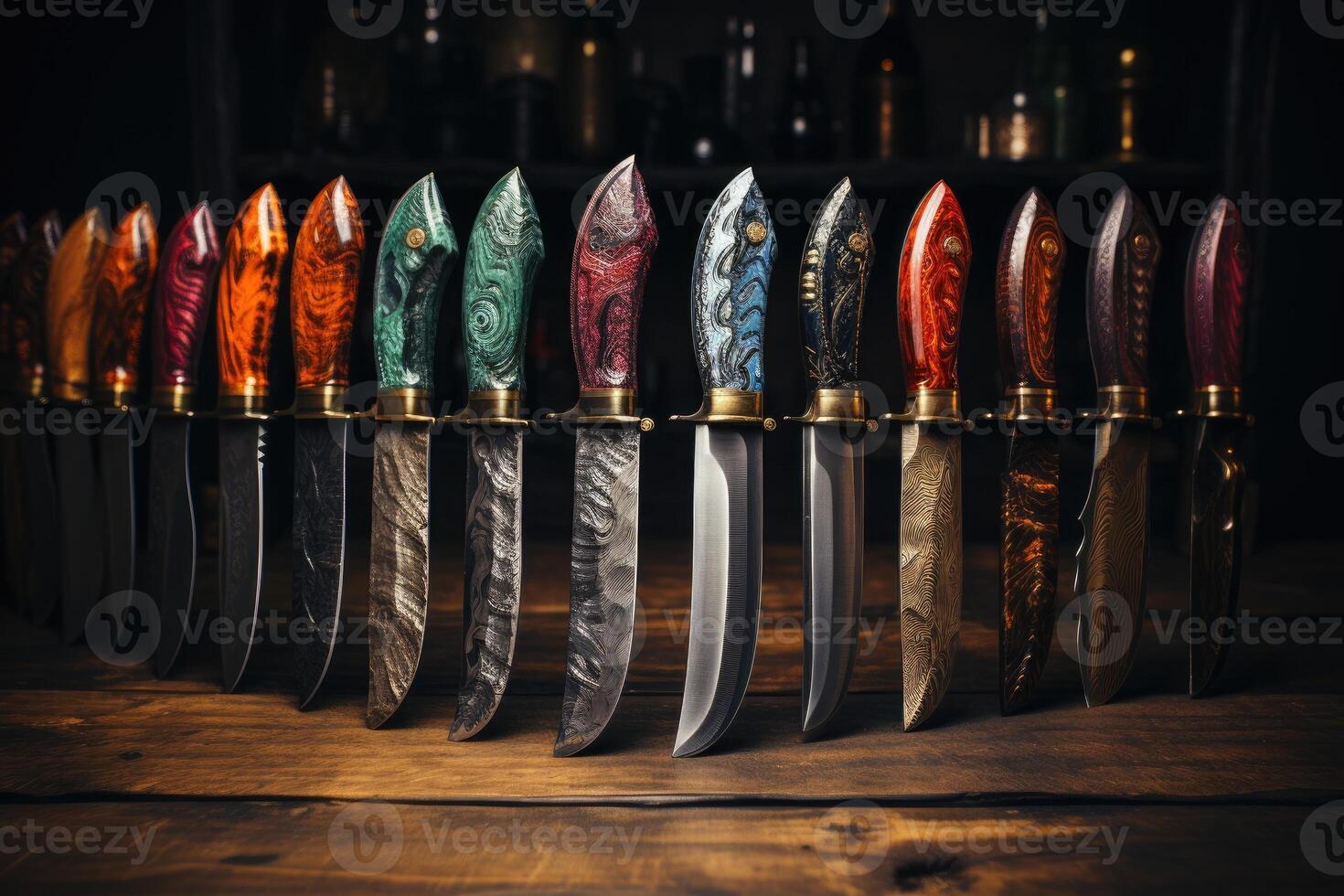 Retro knives on a wooden table. photo