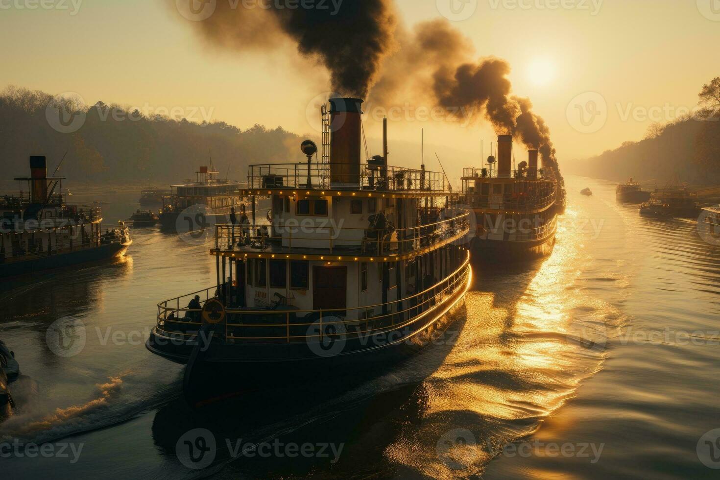 Old steamboat with smoke in river. Generative AI photo