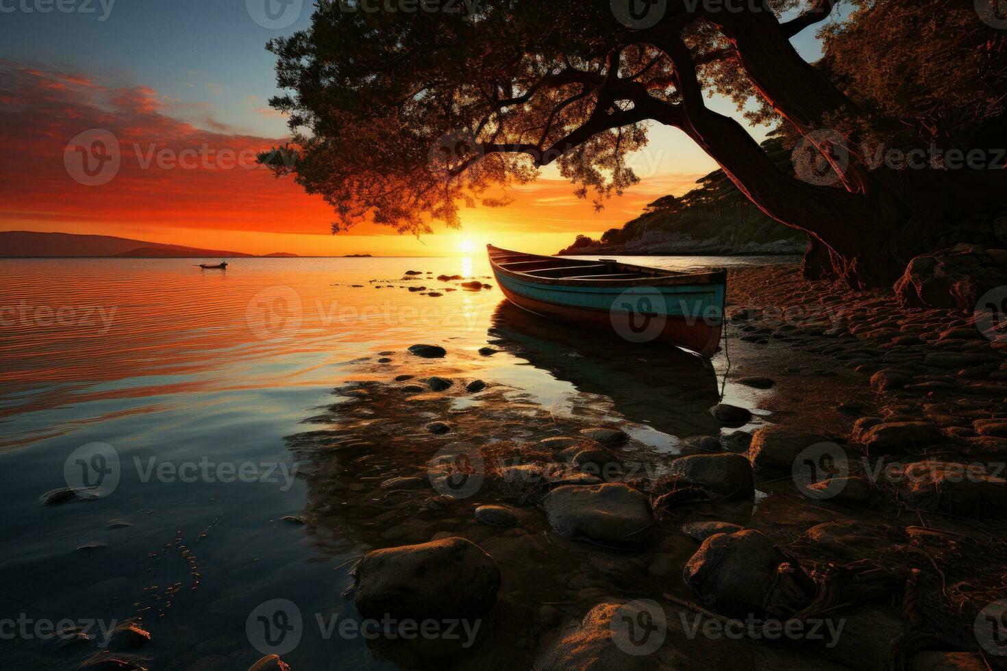 A boat on the shore of a lake. Generative AI photo