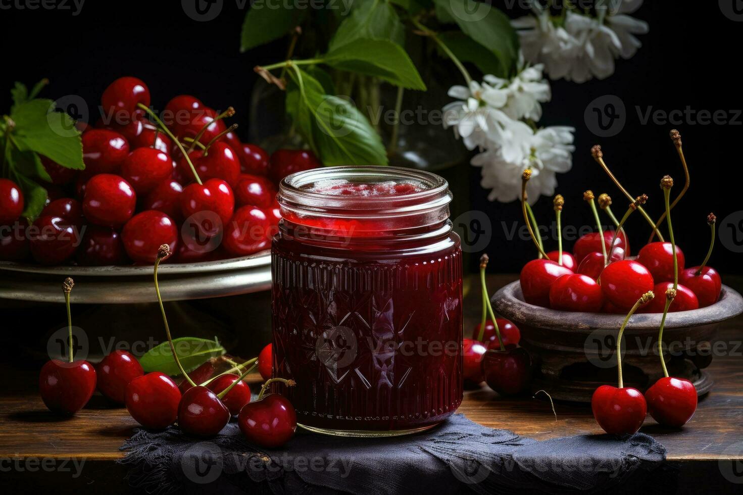 Cherry jam with fresh fruit. Generative AI photo