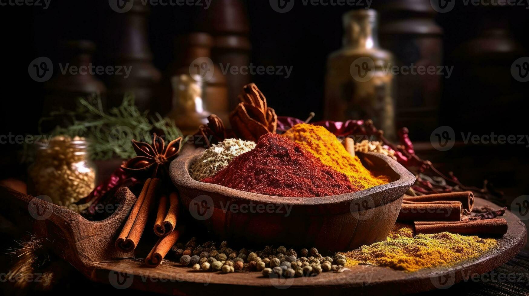 Spices and herbs banner background. Variety of spices. Generative AI photo