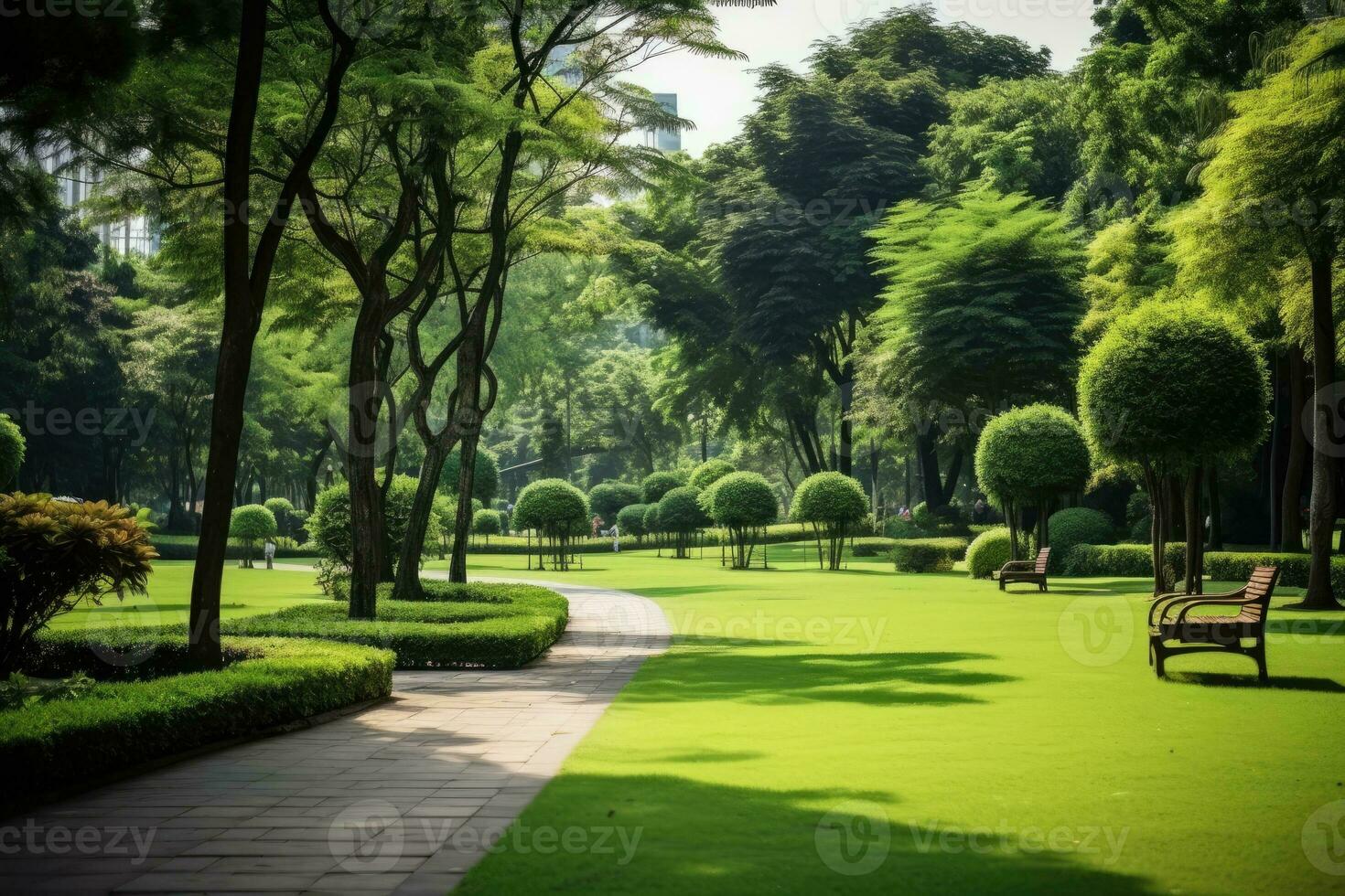 Footpath through a beautiful park. Generative AI photo