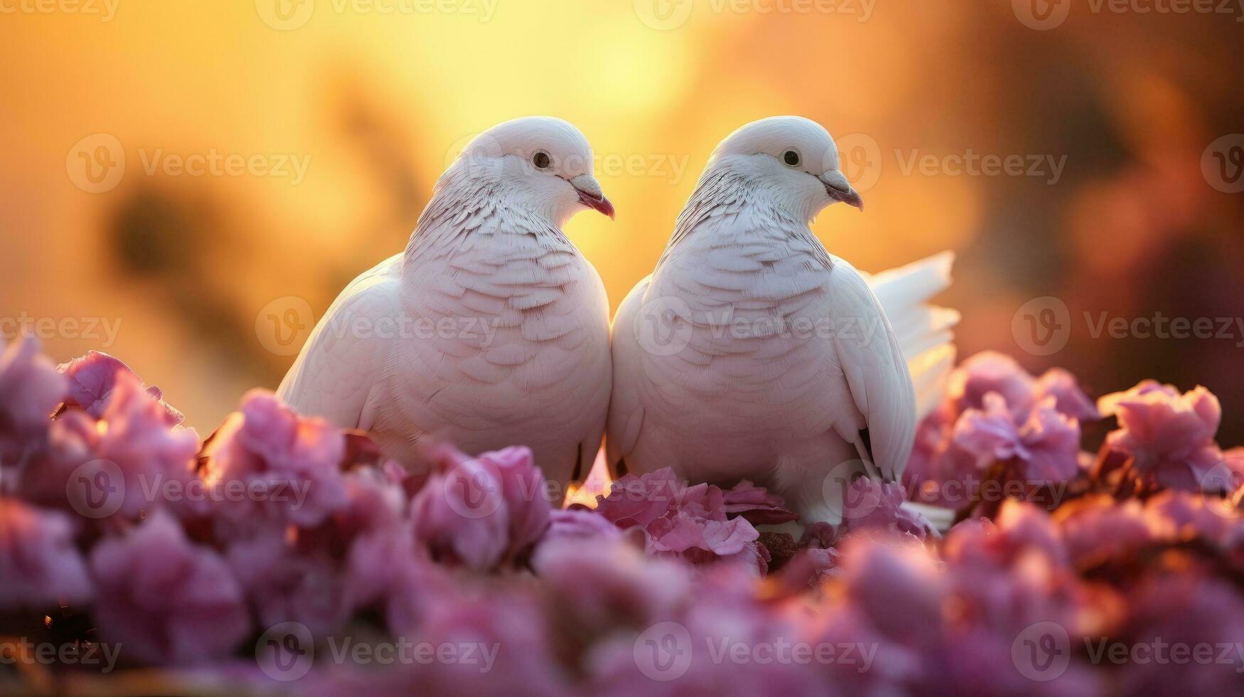 Couple of white pigeons sitting in pink flowers. Generative AI photo