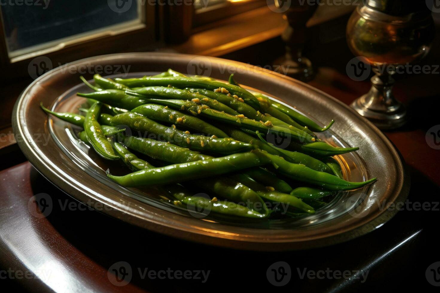 Green beans on the table. Generative AI photo