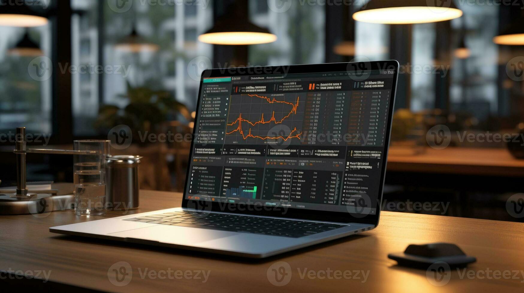 Laptop with stock charts on the screen on the table. Generative AI photo