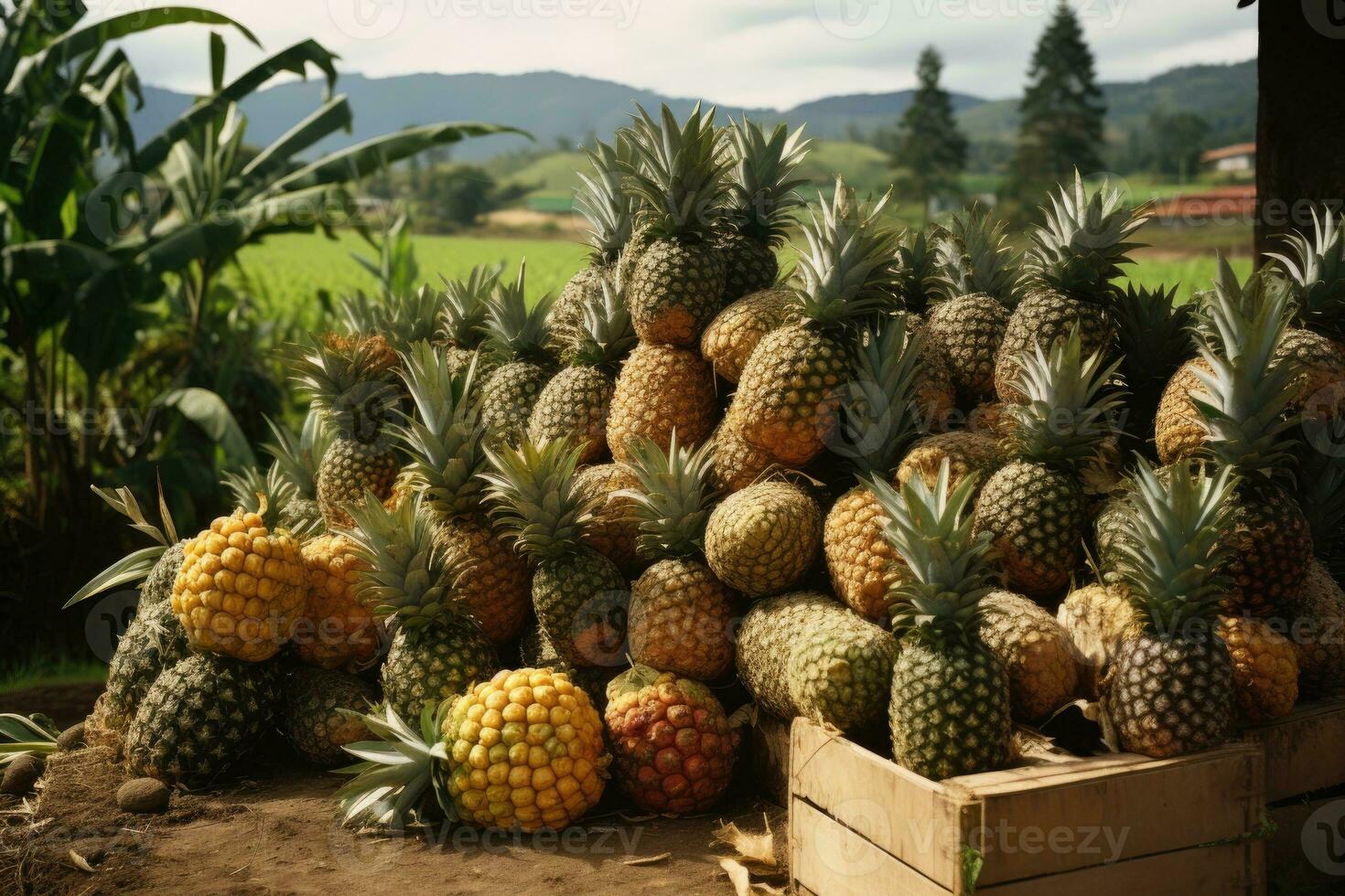 Pineapples at the marketplace in the tropics. Generative AI photo