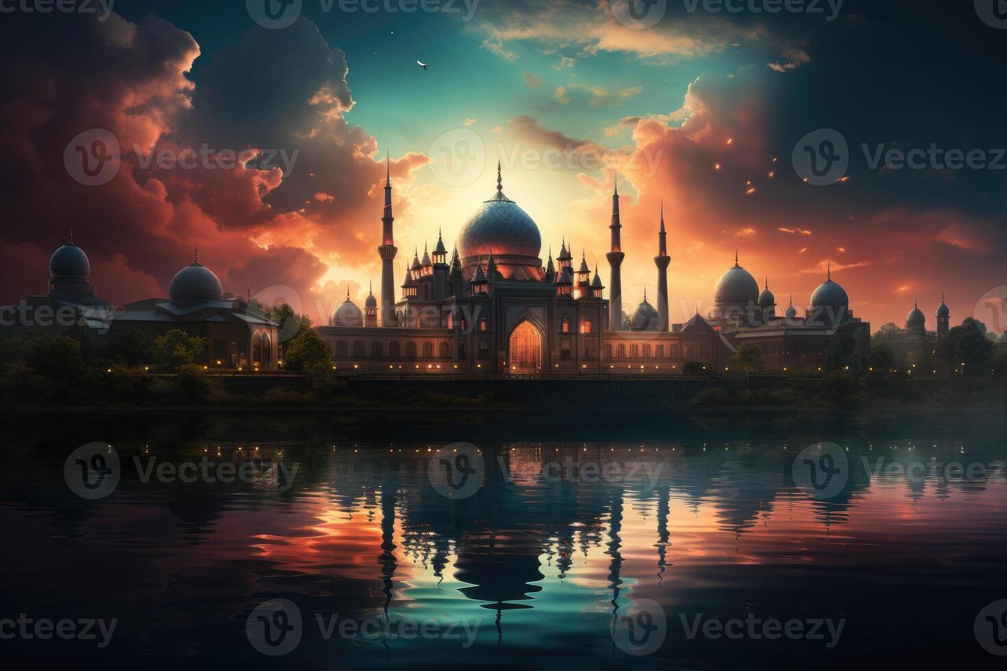 Eid al adha mubarak islamic festival celebration with mosque. photo