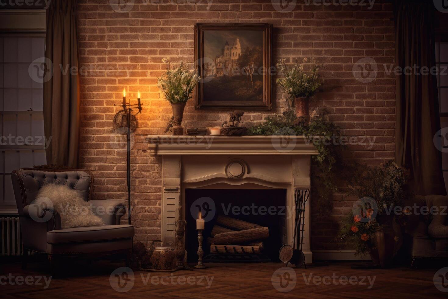 Spacious room and brick fireplace. photo