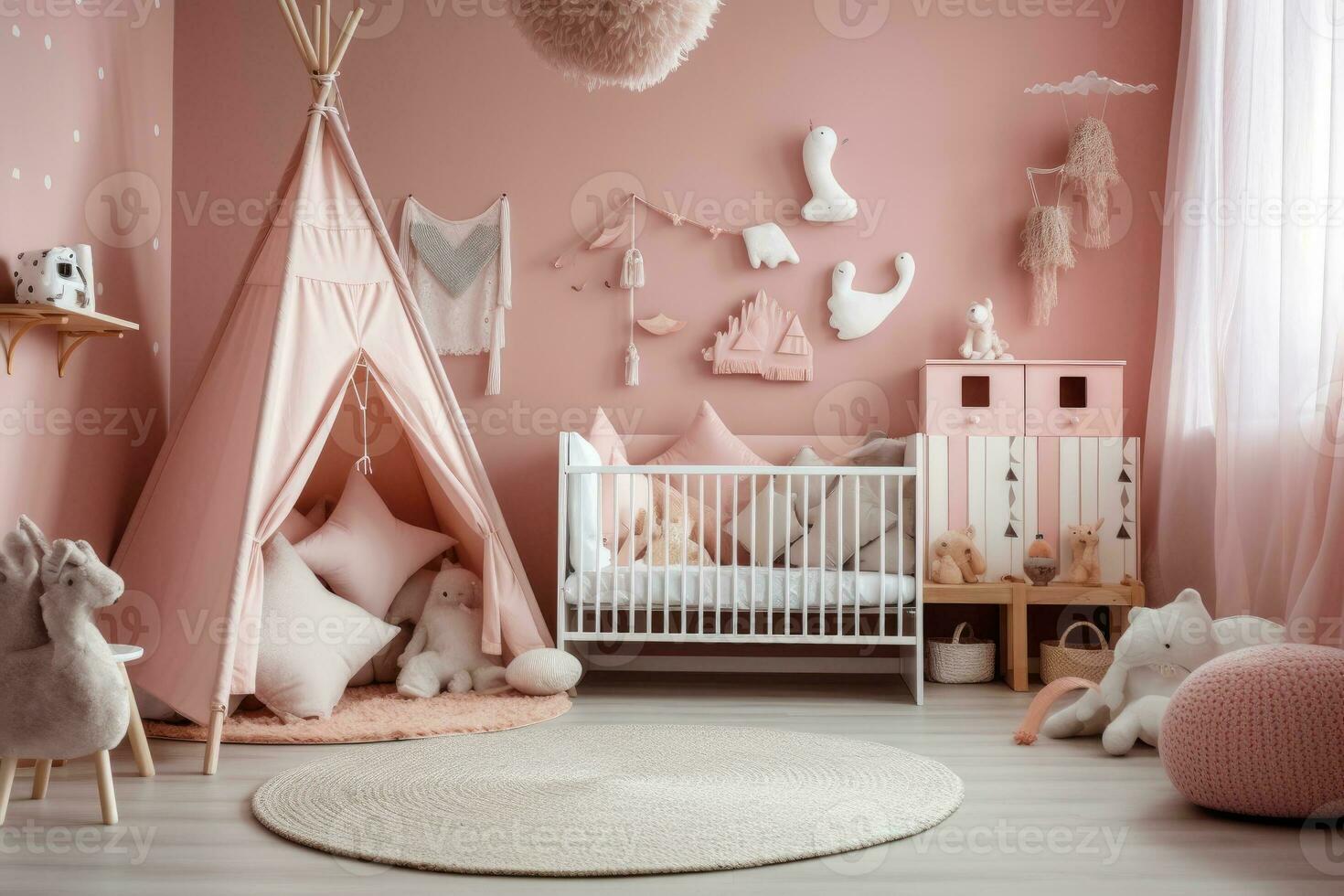 Spacious children room with play tent for girl. Generative AI photo