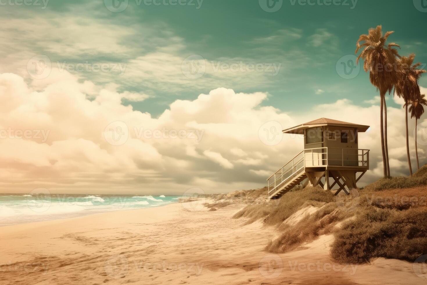 Beach with palm tree and life guard tower by the sea. Generative AI photo