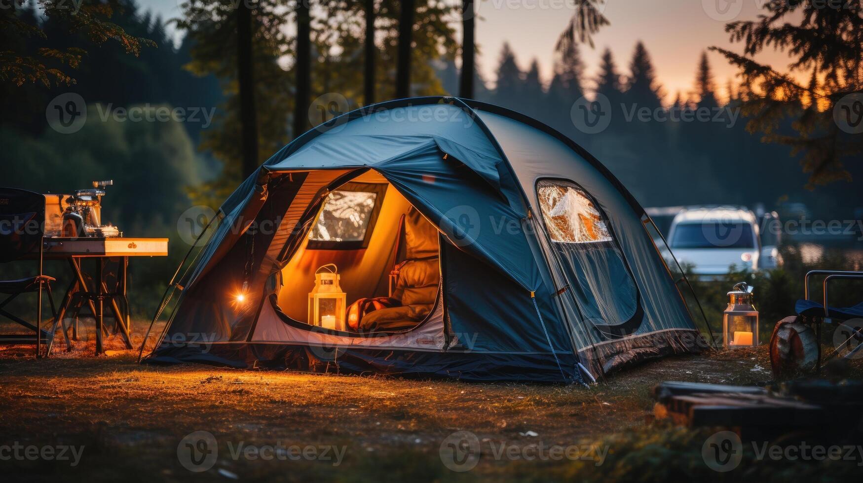 Camping picnic tent campground in outdoor hiking forest. Generative AI photo