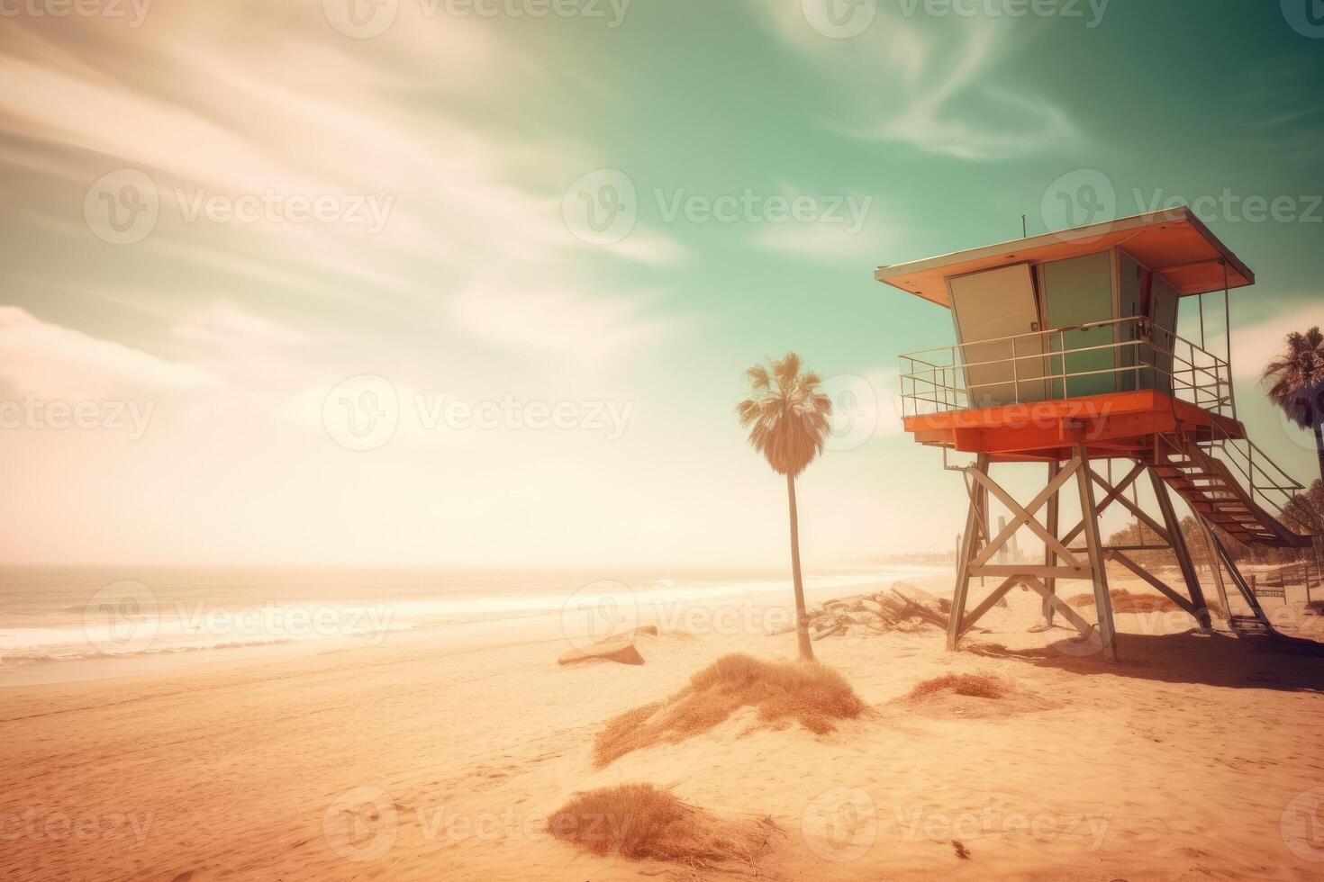 Beach with palm tree and life guard tower by the sea. photo