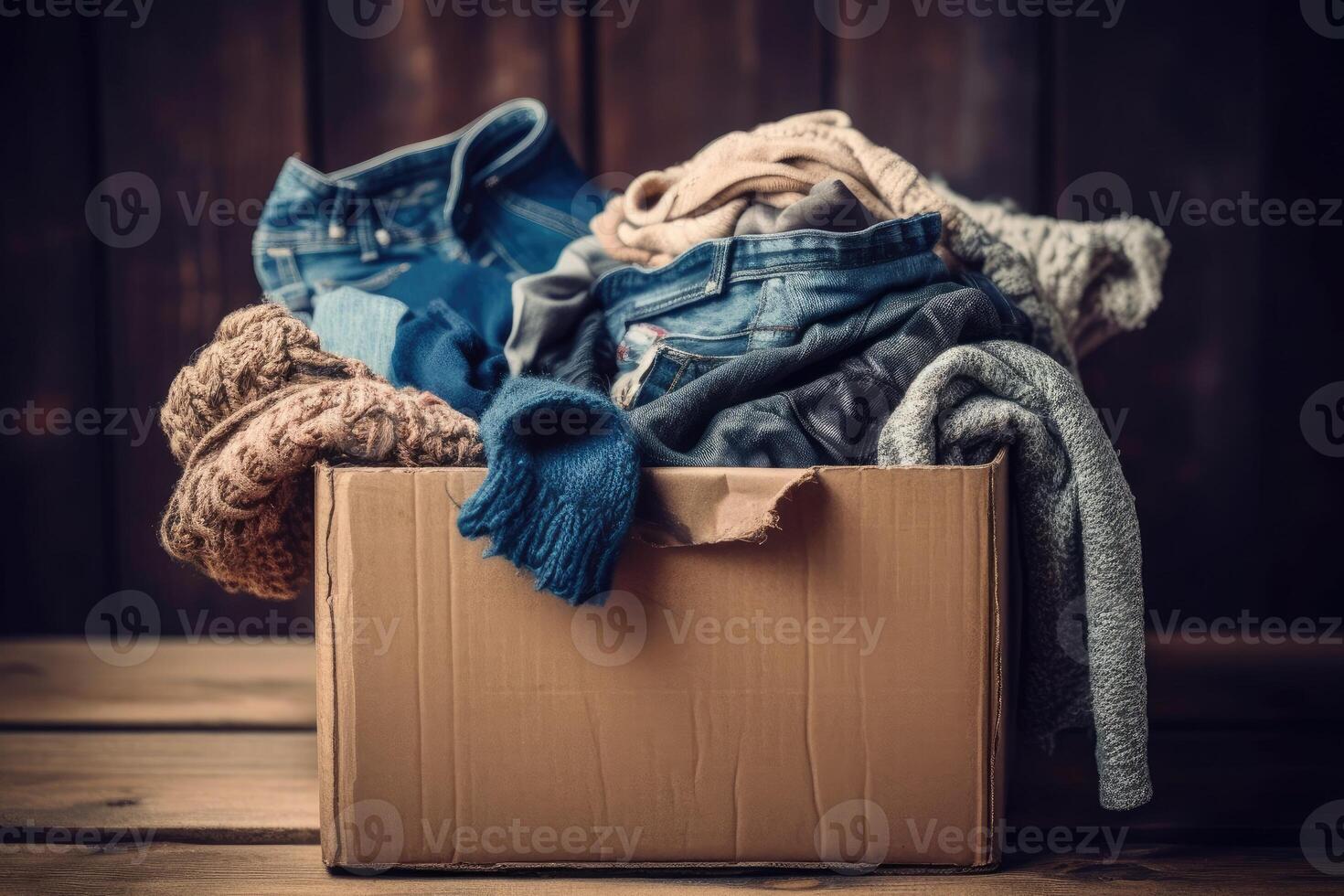 pasado de moda ropa para reciclar en caja. generativo ai foto