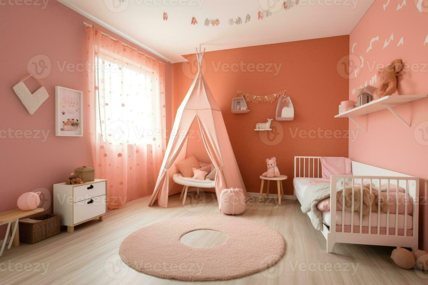 Spacious children room with play tent for girl. Generative AI photo