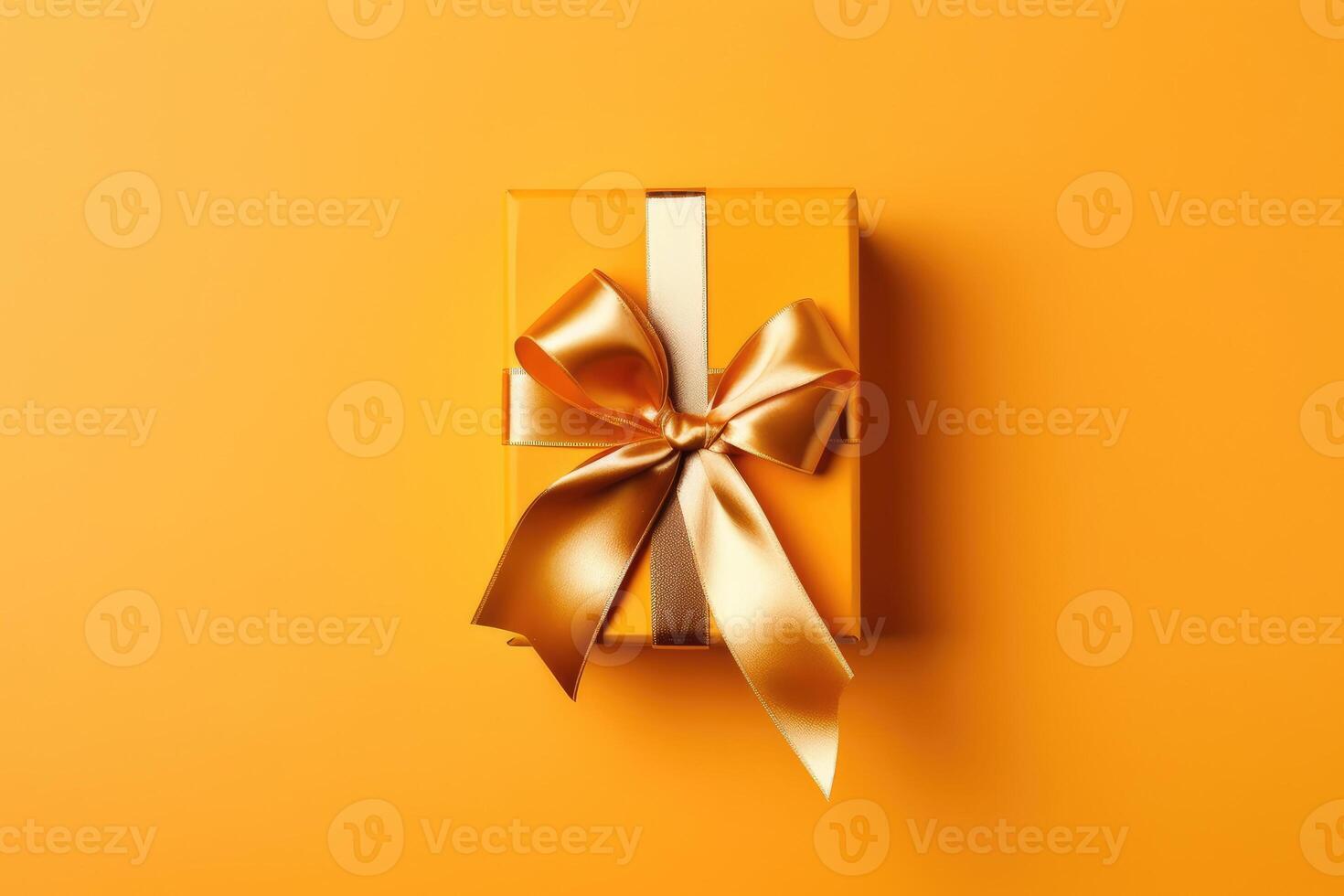 Bright yellow gift present box with ribbon on yellow background. Generative AI photo