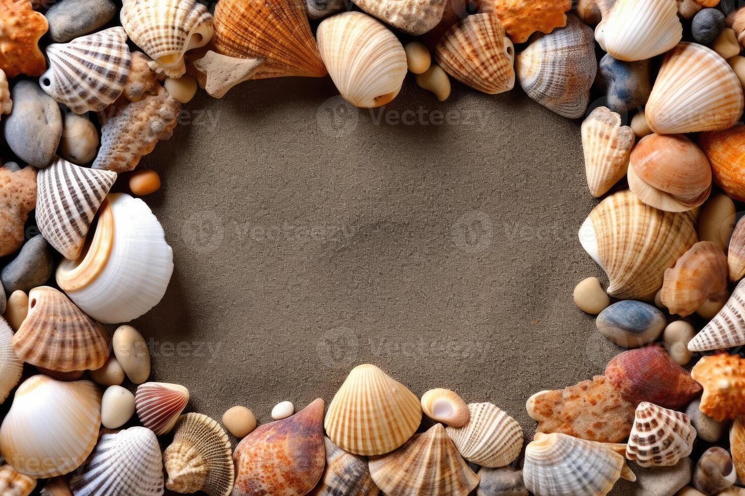 Shells on the sand. Space for text in the center. Generative AI photo