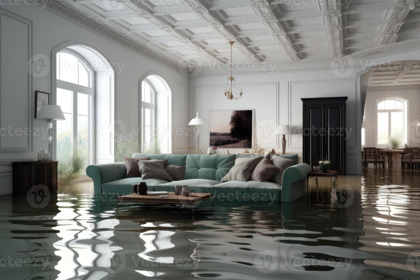 Interior of the house flooded with water. Generative AI photo