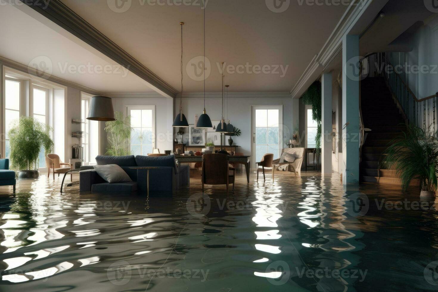 Interior of the house flooded with water. Generative AI photo