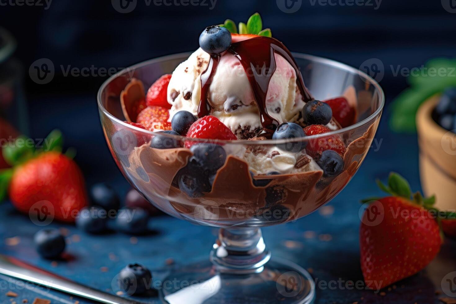 Colorful ice cream sundae in a glass. photo