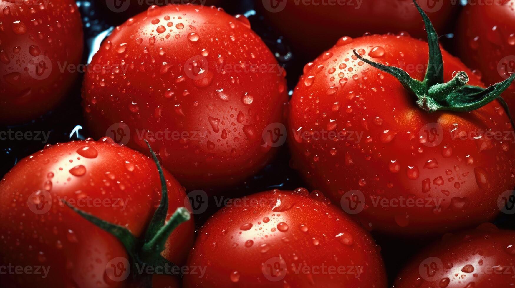 Perfect fresh red wet tomatoes with tomato on background. Generative AI photo